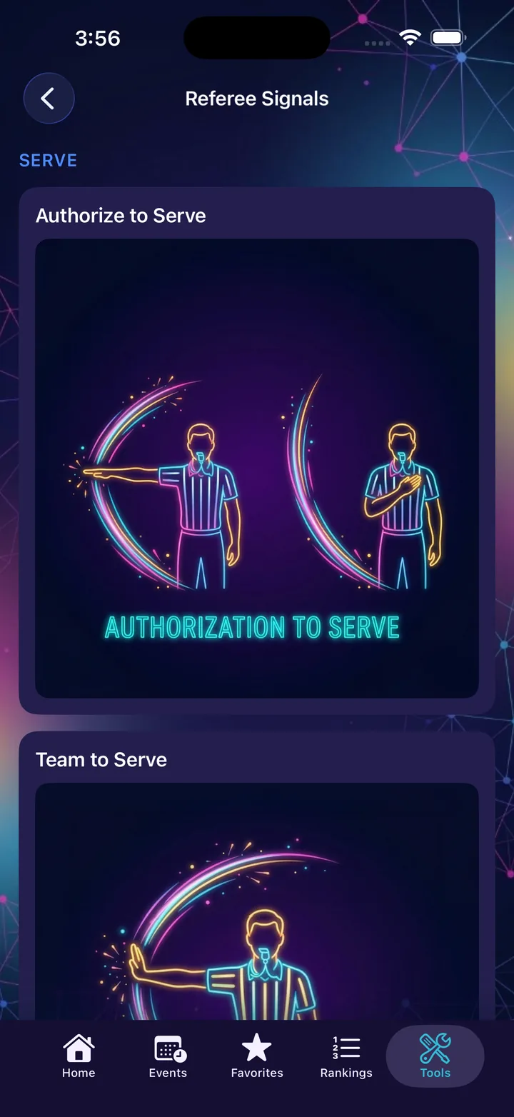 Referee Signals library with illustrated neon signal cards