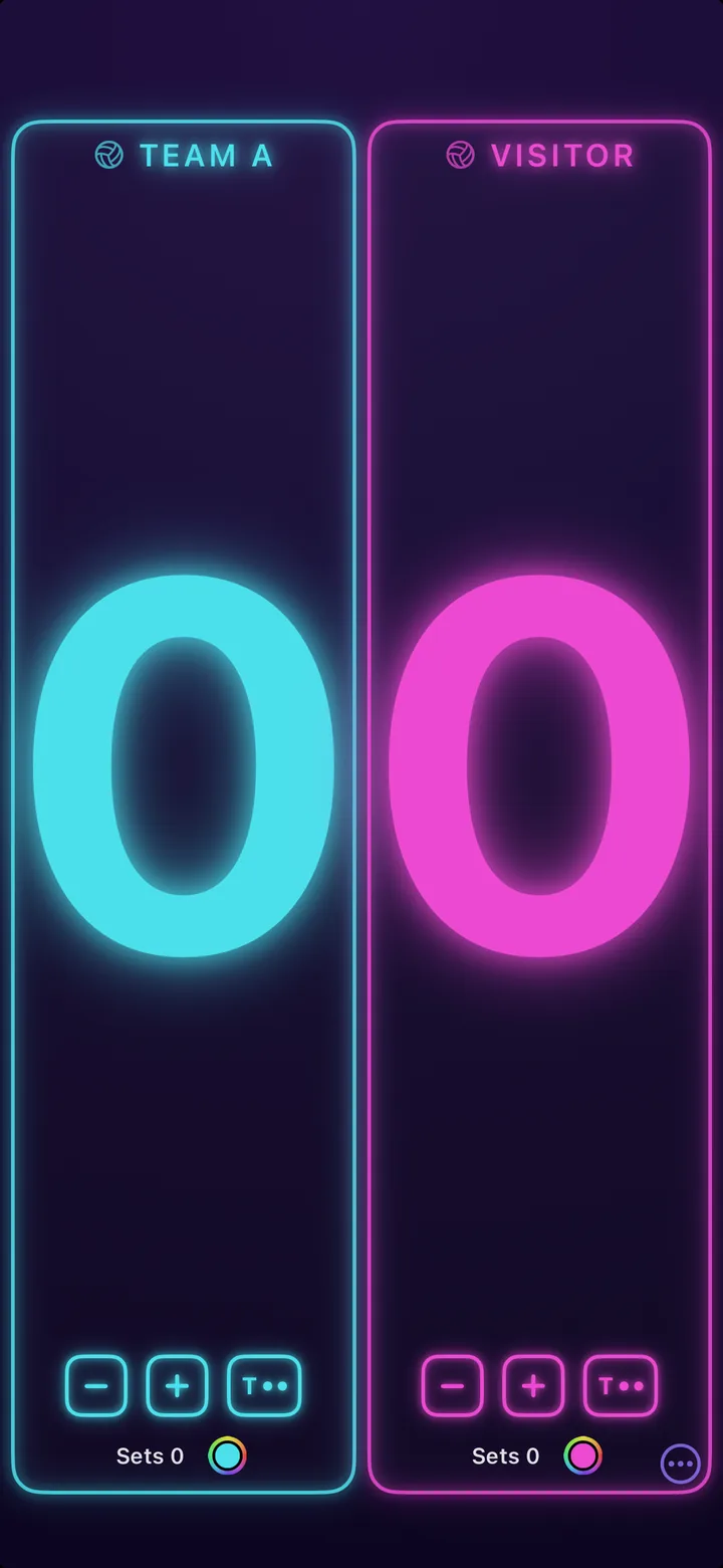 Neon scoreboard with glowing Team A and Visitor score cards